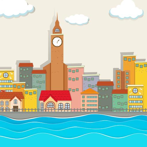 City view with clock tower and buildings vector