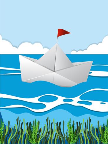 Paper boat floating on river vector