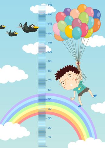 Height measurement chart with boy flying balloons in sky background vector