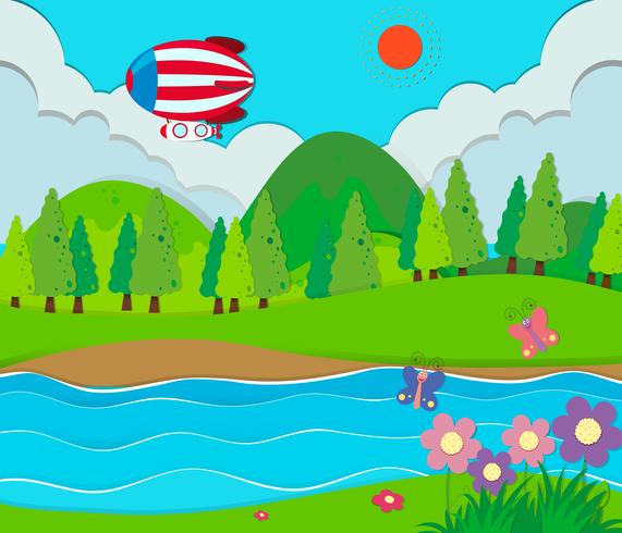 Escena de la naturaleza con río y globo. vector