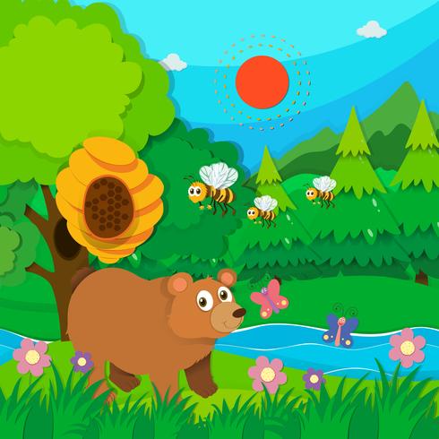 Bear and bees in the forest vector