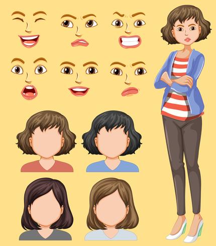 Conjunto de cabeza femenina y expresión facial. vector