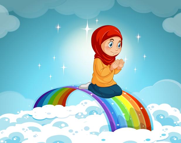 Niña musulmana rezando sobre el arcoiris vector