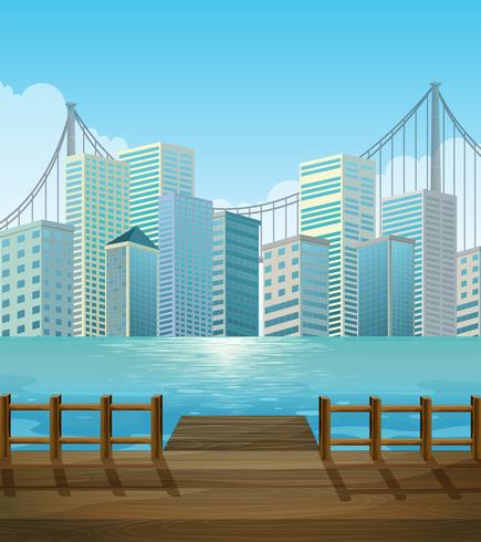 Pier with city view background vector