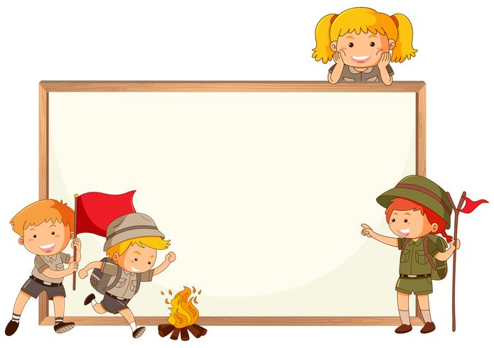 Boy and girl scout and whiteboard frame vector