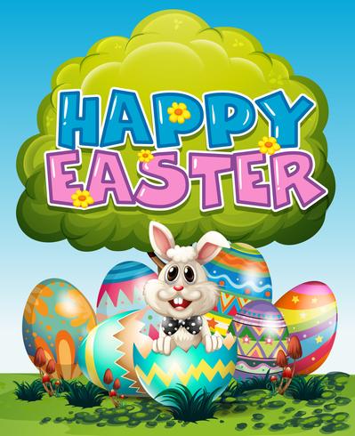 Happy Easter poster with bunny and eggs on grass