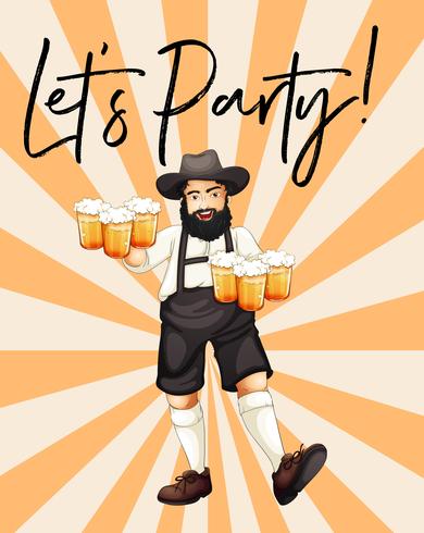 Man with glasses of beer with phrase let's party vector