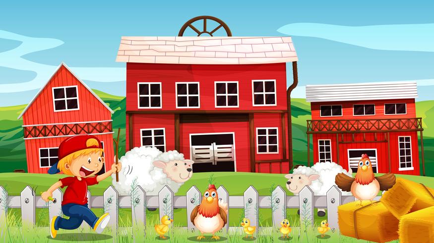 Boy and farm animals on the farm vector