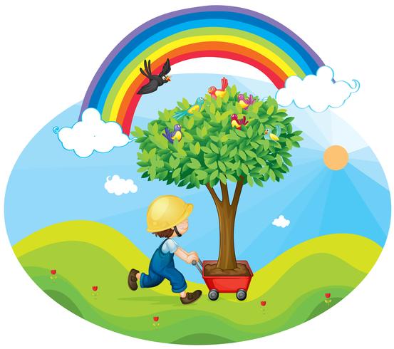 boy carrying tree vector