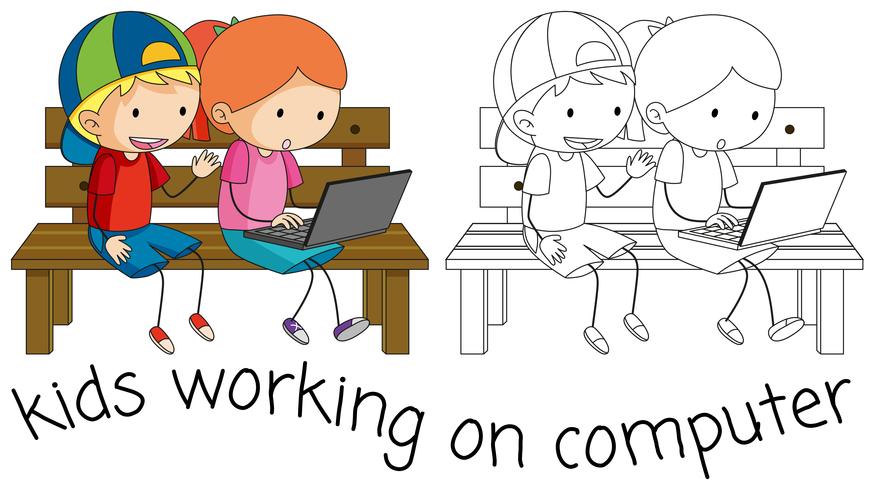 Doodle niños trabajando en computadora vector