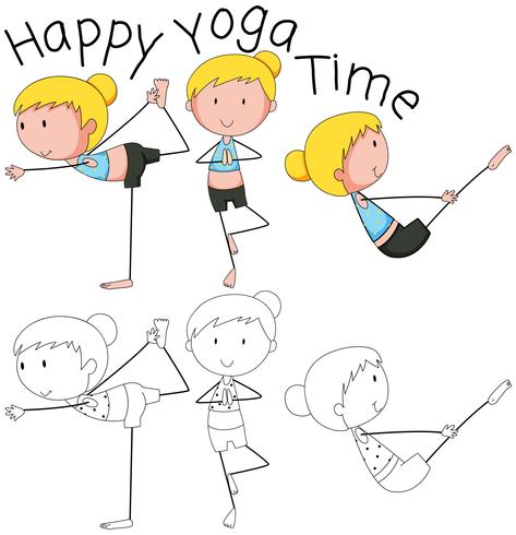 Doodle niña haciendo yoga vector