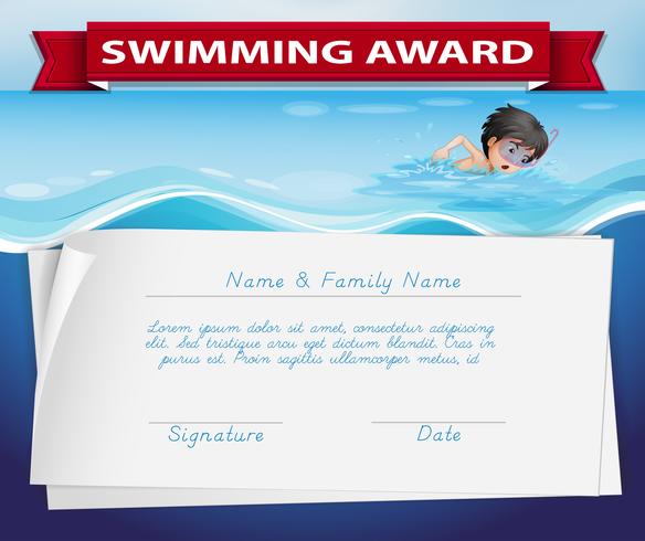 Plantilla de certificado para el premio de natación. vector