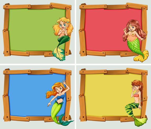 Wooden frame design with mermaids vector