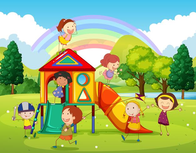 Children playing at the playground in the park vector