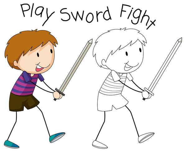 Doodle boy playing sword fight vector