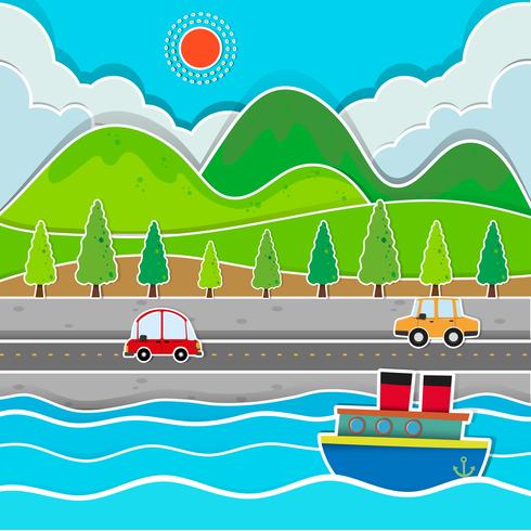 Road along the river scene vector
