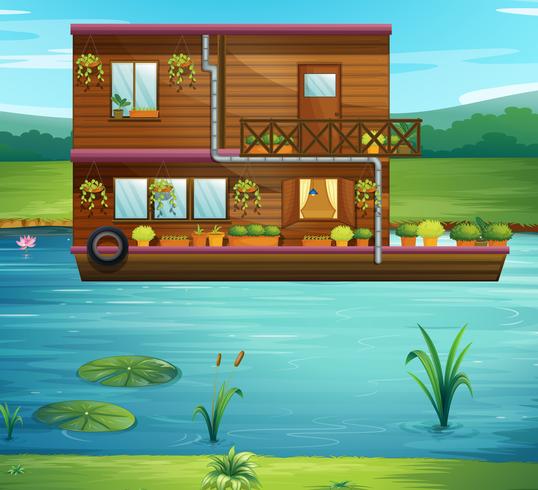 Boat house floating on the river vector