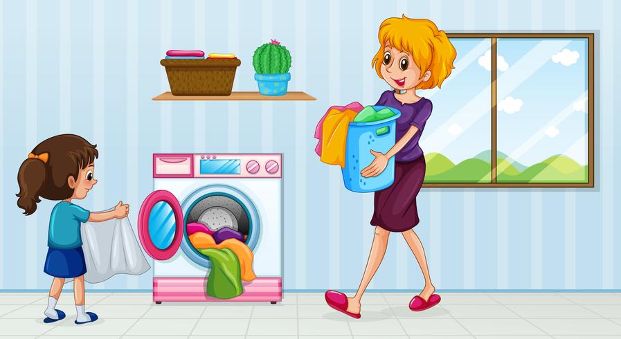 Mother and daughter doing laundry vector