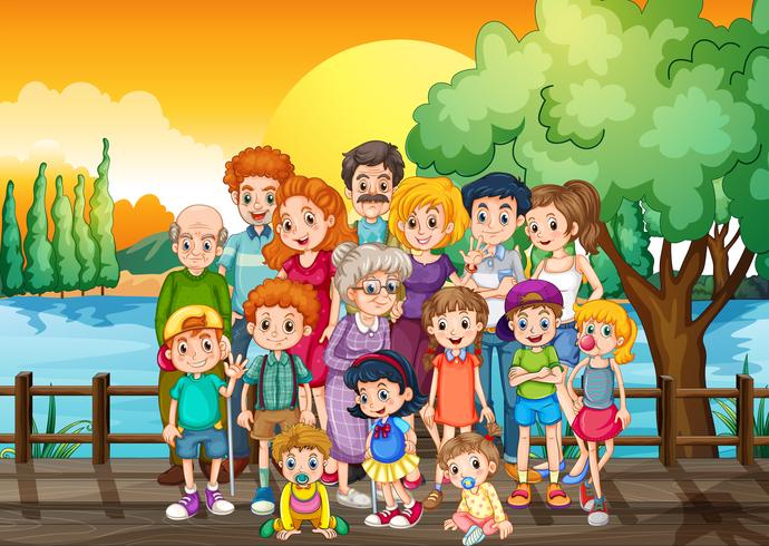 Family members standing on the bridge at sunset vector