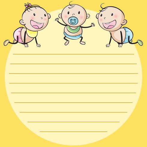 Plantilla de línea de papel con tres bebés. vector