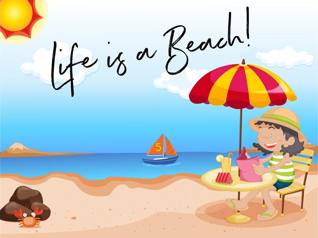 Girl sits on the beach with phrase life is a beach vector