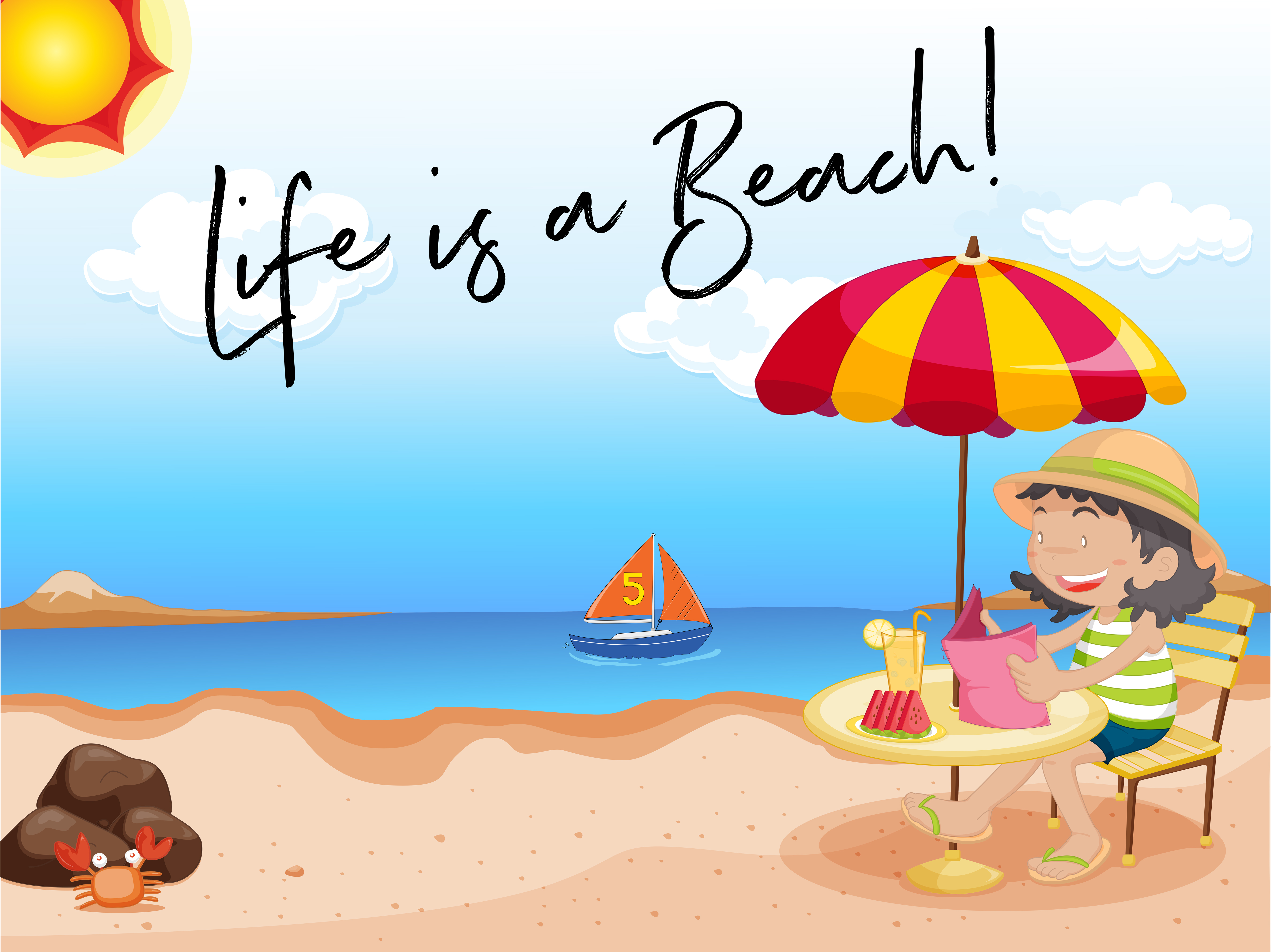 Girl sits on the beach with phrase life is a beach 520271 Vector Art at
