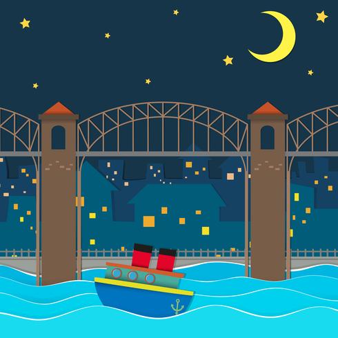 Boat floating under the bridge at night vector