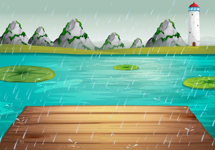 Lake scene during the rain vector