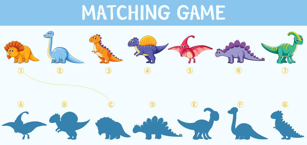 Juego de combinar sombras de dinosaurios vector