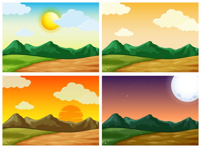 Cuatro escenas de campo a diferentes horas del día. vector
