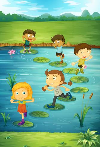 Children stepping on lotus leaves vector