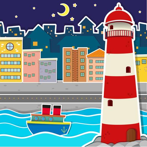 City scene with lighthouse and river at night vector