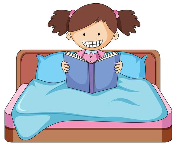 Una niña leyendo un libro en la cama. vector