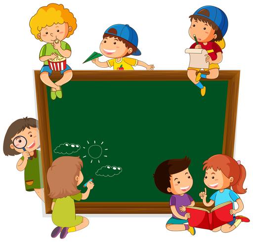 Children on chalkboard template vector