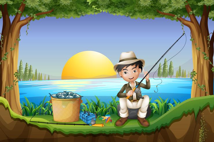Man fishing by the lake vector