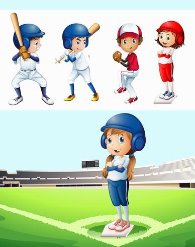 Kids playing baseball in the field vector