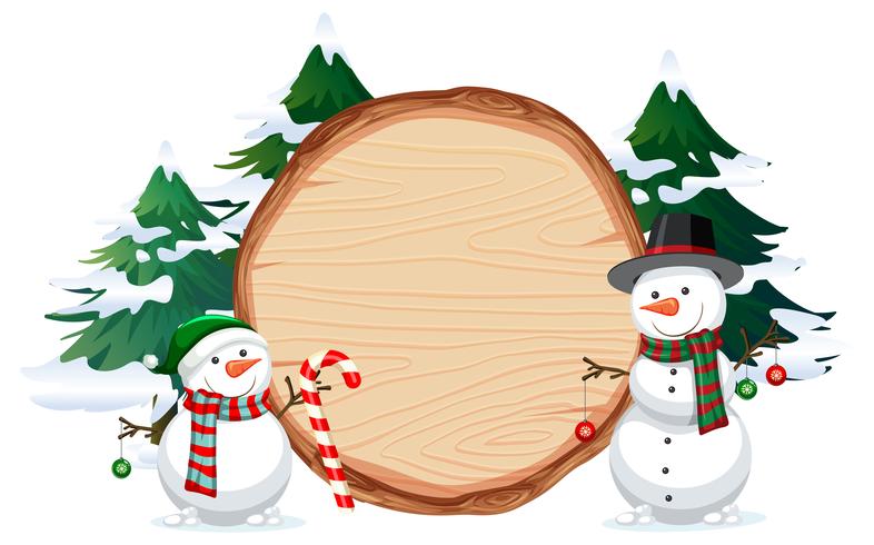 Un muñeco de nieve en banner de madera vector