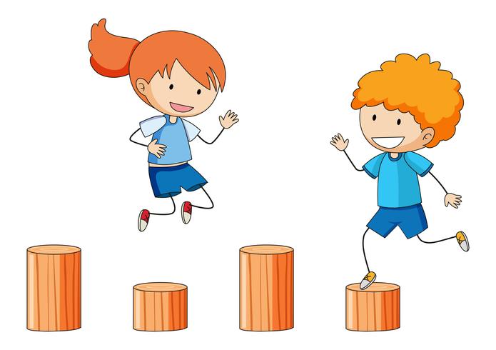 Children playing on wooden playgound equipment vector