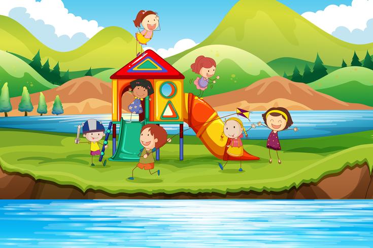 Children playing slide in the park vector