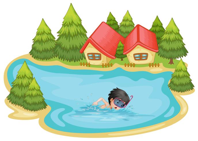 Un niño nadando en la piscina rodeado de pinos. vector