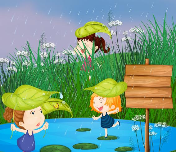 Kids playing in the rain vector