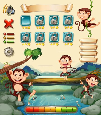 Plantilla de juego con monos por el río. vector