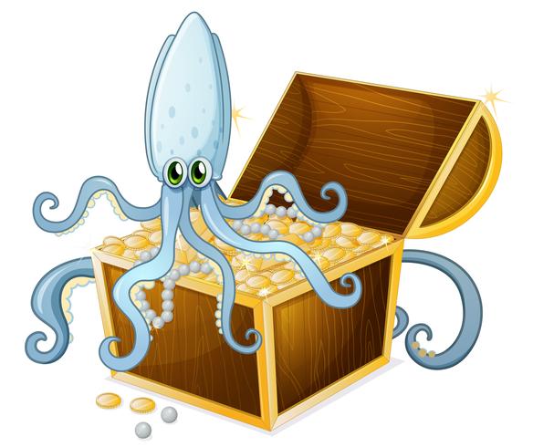 An octopus above the treasure box vector