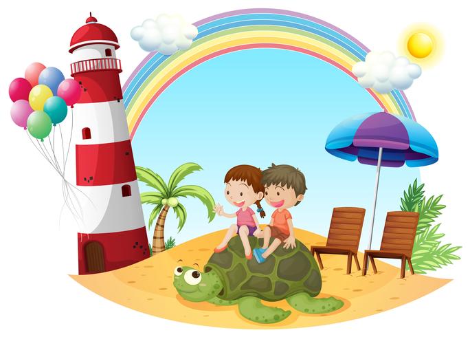 Niños jugando con la tortuga a la orilla del mar. vector