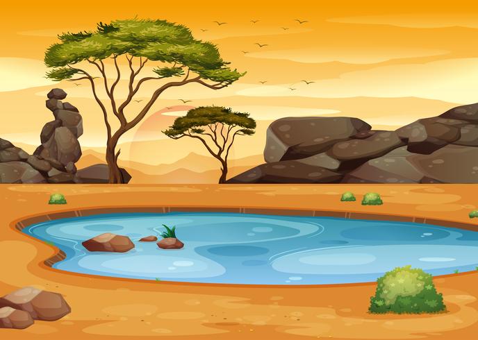 Scene with pond in the desert field vector