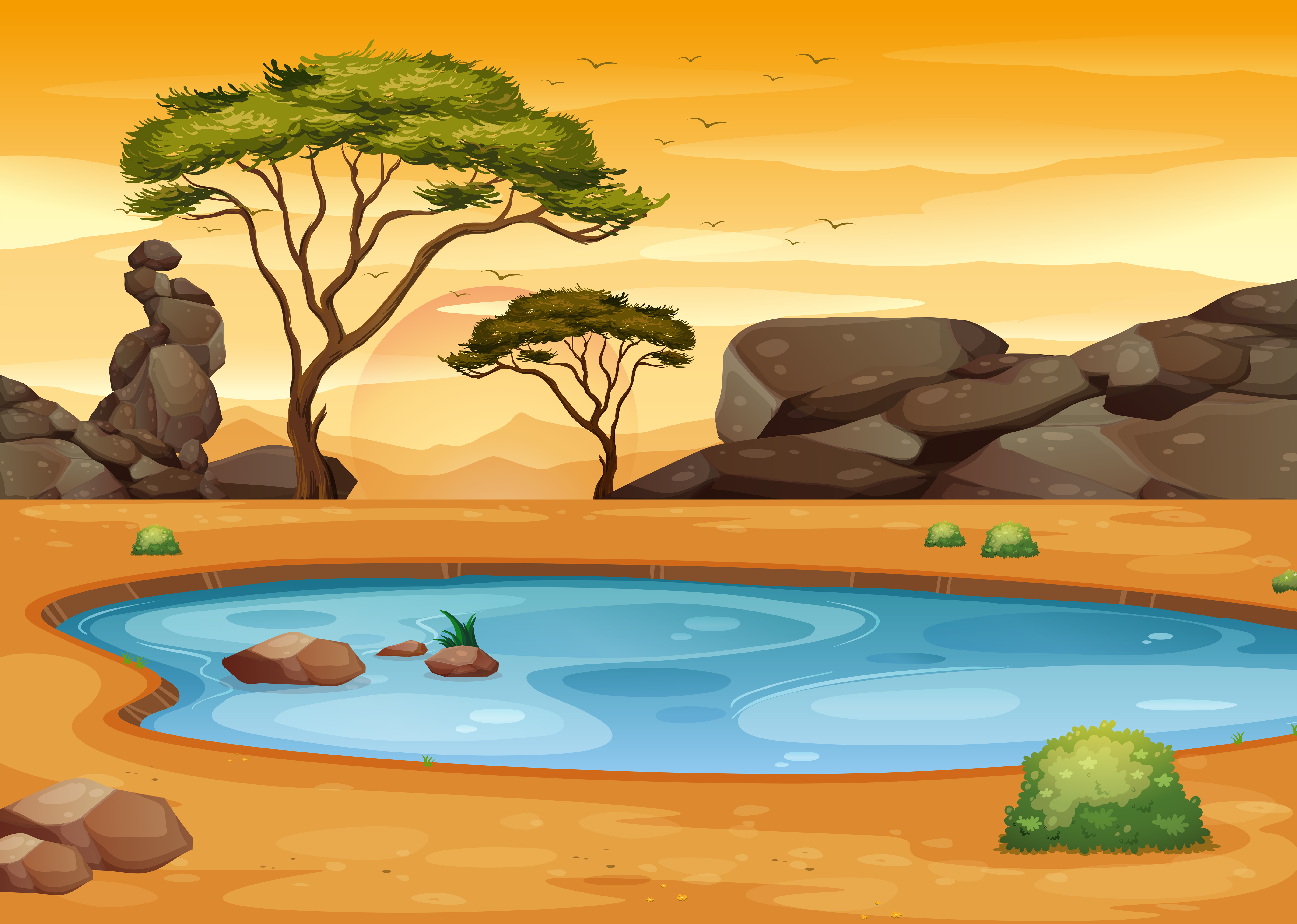 Scene with pond in the desert field 520495 Vector Art at Vecteezy