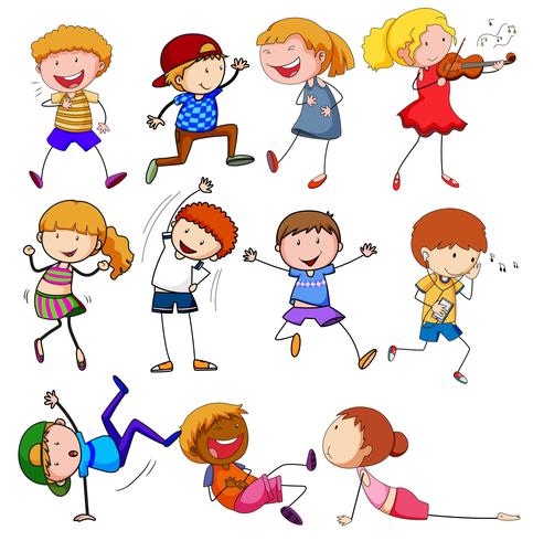 Doodle niños con diferente actividad. vector