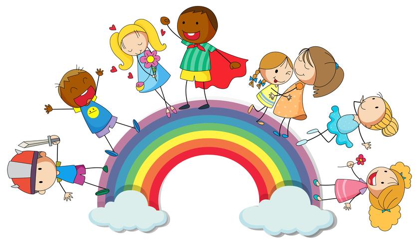 Happy children standin on rainbow vector