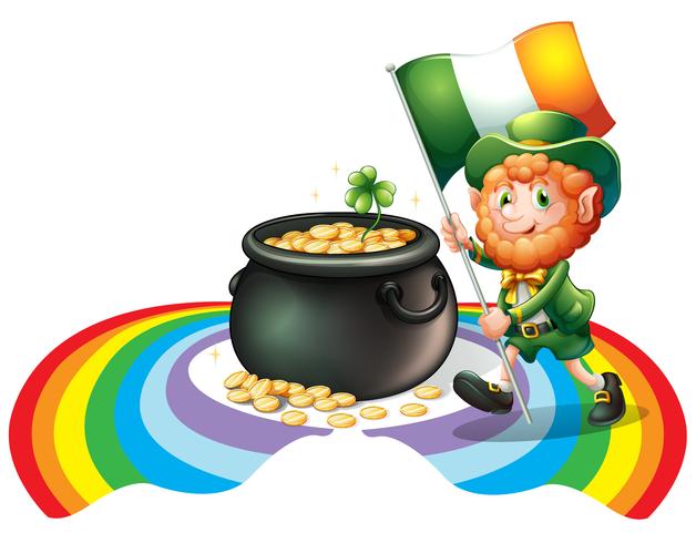 A man holding a flag with a pot of gold coins vector