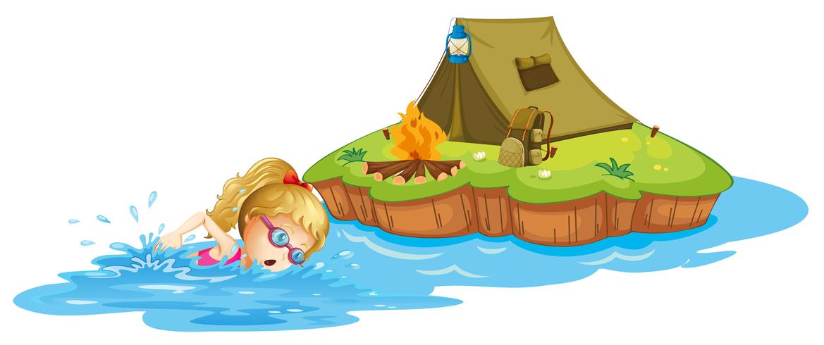 A girl swimming near an island with tent vector